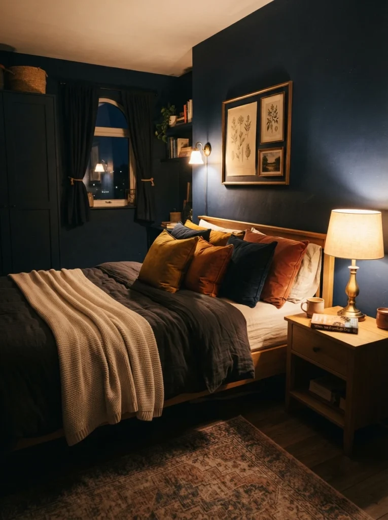 A small dark bedroom lit entirely in warm 2700K amber tones, deep navy walls, cozy velvet throw pillows, soft golden glow from a single lamp, evening ambiance, vertical Pinterest photography, warm rich tones.