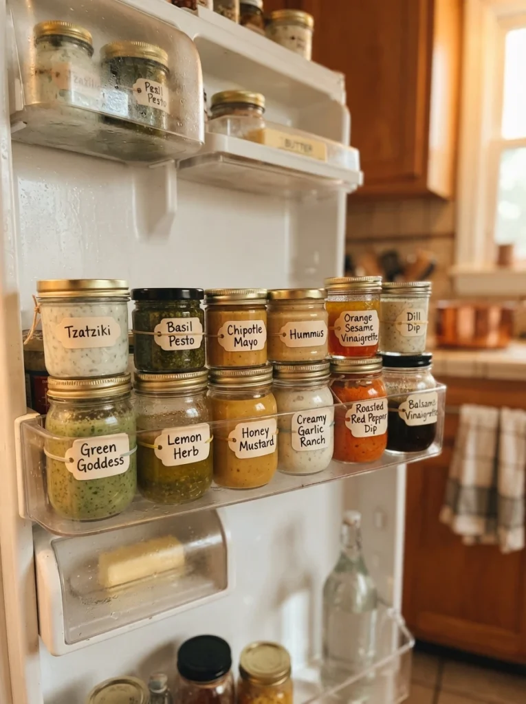 Small glass jars filled with salad dressing and dips stored in a refrigerator door, warm kitchen lighting, vertical Pinterest photography, warm compact styling.