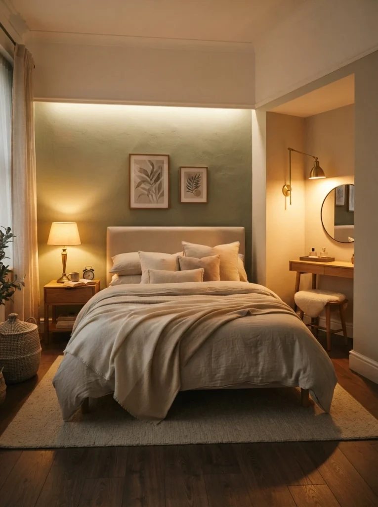 A small hotel-style bedroom showing three distinct lighting zones, warm bedside lamps, a soft ambient wall wash, and a small dressing area light, cozy neutral bedding, layered warm glow throughout, vertical Pinterest interior photography, warm inviting tones.