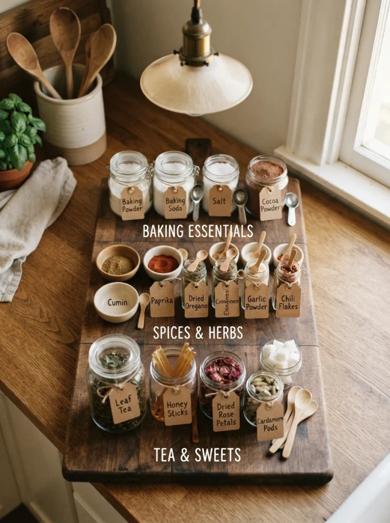 Small items sorted into labeled groups on a counter, categorized by type, warm kitchen lighting, vertical Pinterest photography, warm categorized styling.