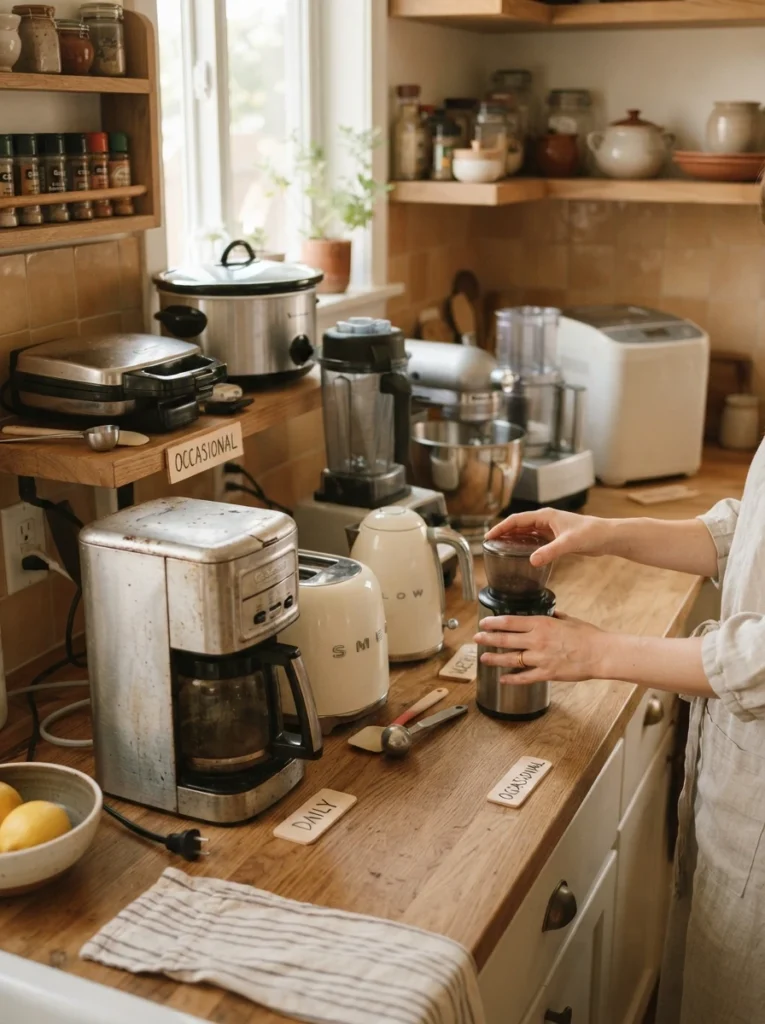Small kitchen appliances gathered together on a counter, being sorted by frequency of use, warm kitchen lighting, vertical Pinterest photography, warm sorting styling.
