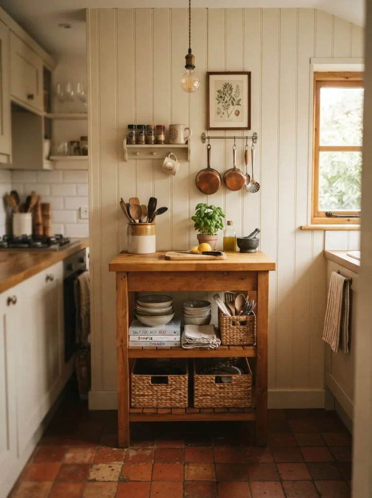 A small freestanding kitchen island with storage shelves, positioned against a wall in a tight kitchen, warm kitchen lighting, vertical Pinterest photography, warm freestanding styling.