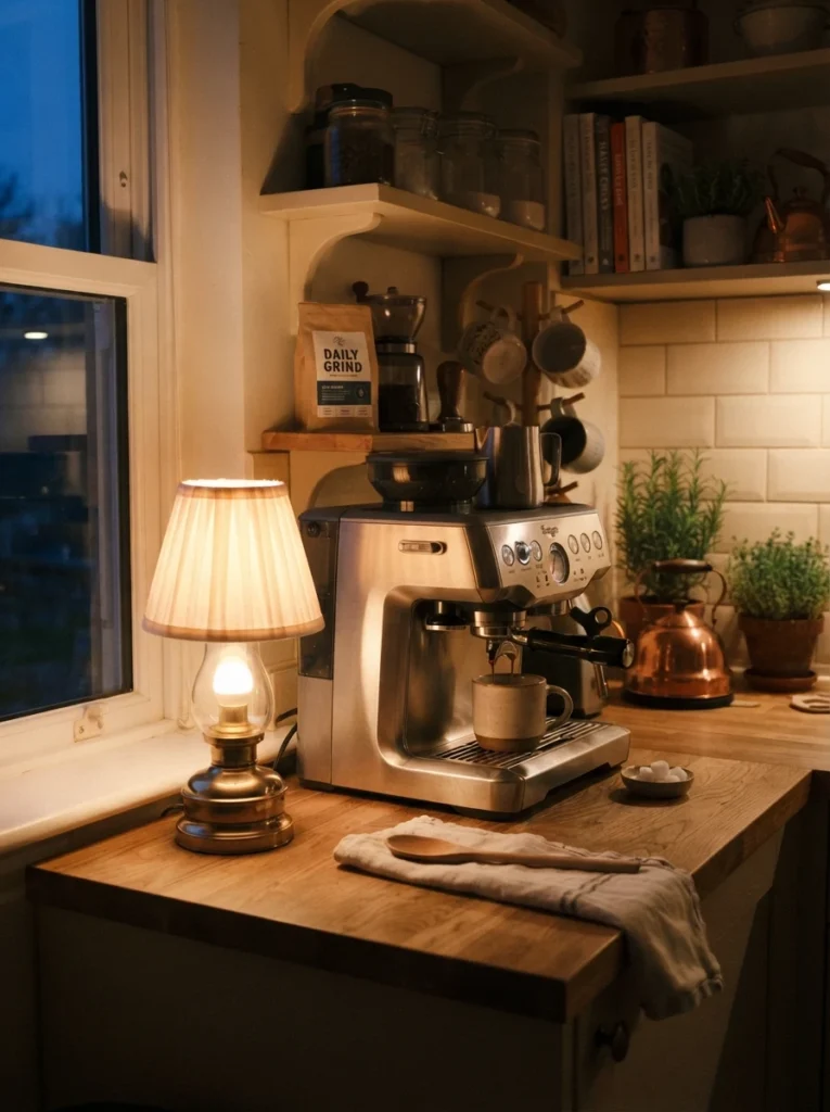 ![An open wall shelf above a small kitchen counter, holding coffee essentials and mugs, warm kitchen lighting, vertical Pinterest photography, warm open-shelf styling.]