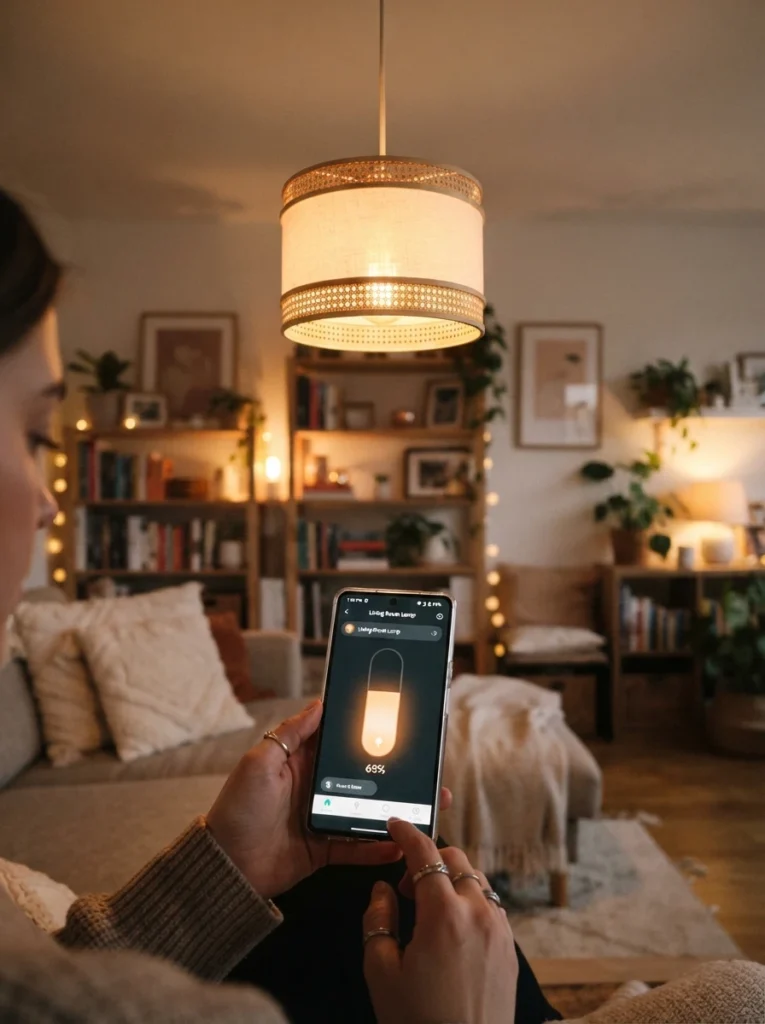 Warm smart bulb glowing inside a simple ceiling pendant fixture in a small living room, smartphone in the foreground showing a lighting app with a dimmer slider, cozy apartment living room in the background, soft evening ambiance, vertical Pinterest photo, warm lifestyle photography style.