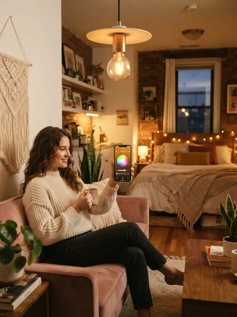A smartphone controlling a smart overhead bulb's color and brightness in a small studio apartment, warm evening setting visible, cozy bedroom area nearby, vertical Pinterest photography, warm adjustable lighting.