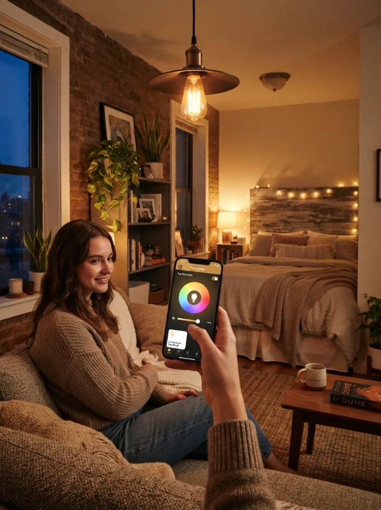 A smartphone controlling a smart overhead bulb's color and brightness in a small studio apartment, warm evening setting visible, cozy bedroom area nearby, vertical Pinterest photography, warm adjustable lighting.