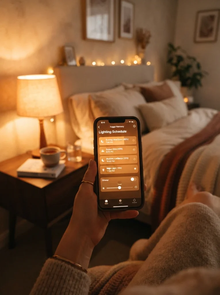 A smartphone displaying a warm lighting scene schedule, cozy bedroom glowing softly in warm amber tones in the background, bedside lamp dimmed for evening, relaxed atmosphere, vertical Pinterest photography, warm lifestyle photography style.