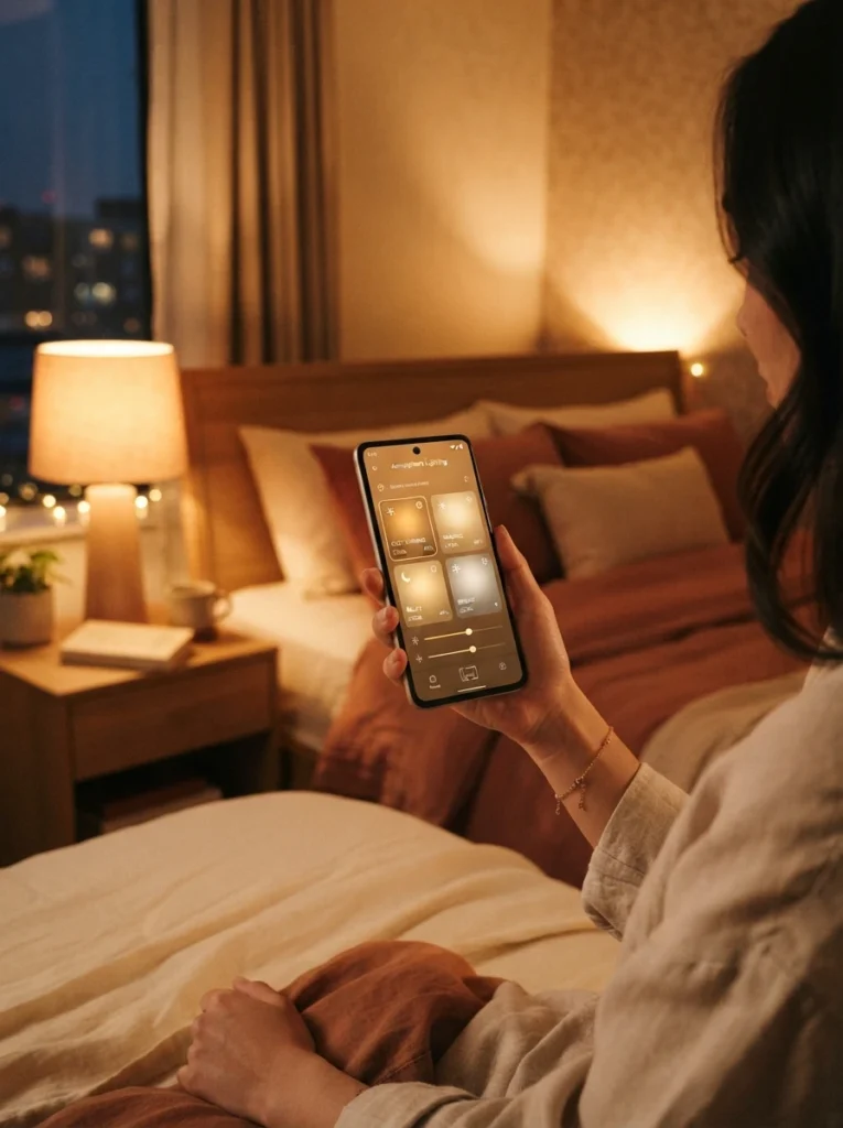 A smartphone showing a lighting app with warm scene presets, cozy hotel-style bedroom glowing softly in the background, bedside lamp and ambient wall wash both warm-toned, evening relaxed atmosphere, vertical Pinterest photography, warm lifestyle photography style.