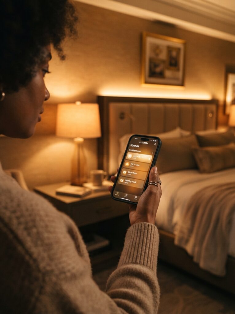 A smartphone showing a lighting app with warm scene presets, cozy hotel-style bedroom glowing softly in the background, bedside lamp and ambient wall wash both warm-toned, evening relaxed atmosphere, vertical Pinterest photography, warm lifestyle photography style