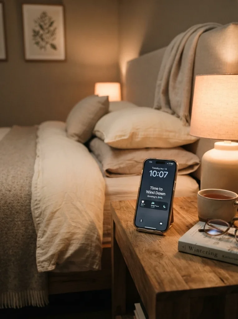 A smartphone showing a wind-down alarm reminder on a nightstand, warm dimmed bedroom lamp glowing softly in the background, cozy evening atmosphere, neutral bedding, vertical Pinterest photography, warm calm tones.