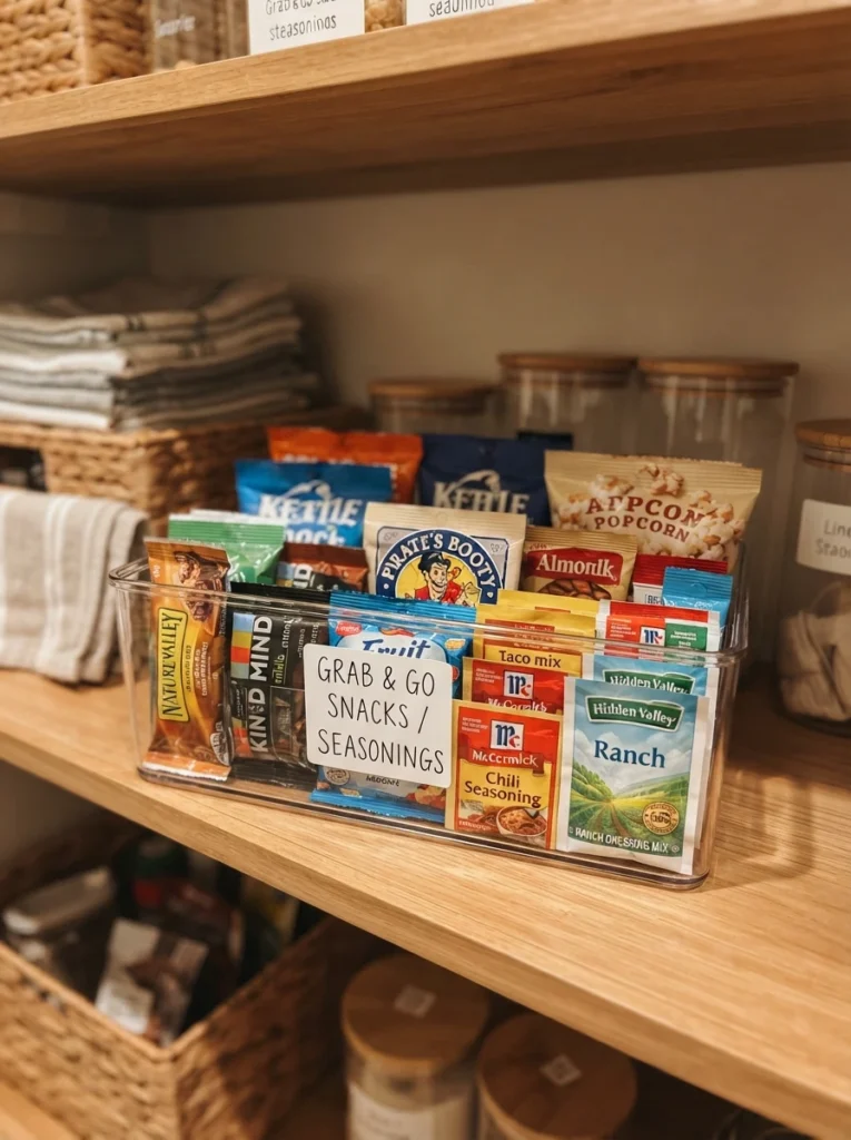 Small snack items and seasoning packets grouped inside a labeled bin on a deep pantry shelf, warm kitchen lighting, vertical Pinterest photography, warm small-item-containment styling.