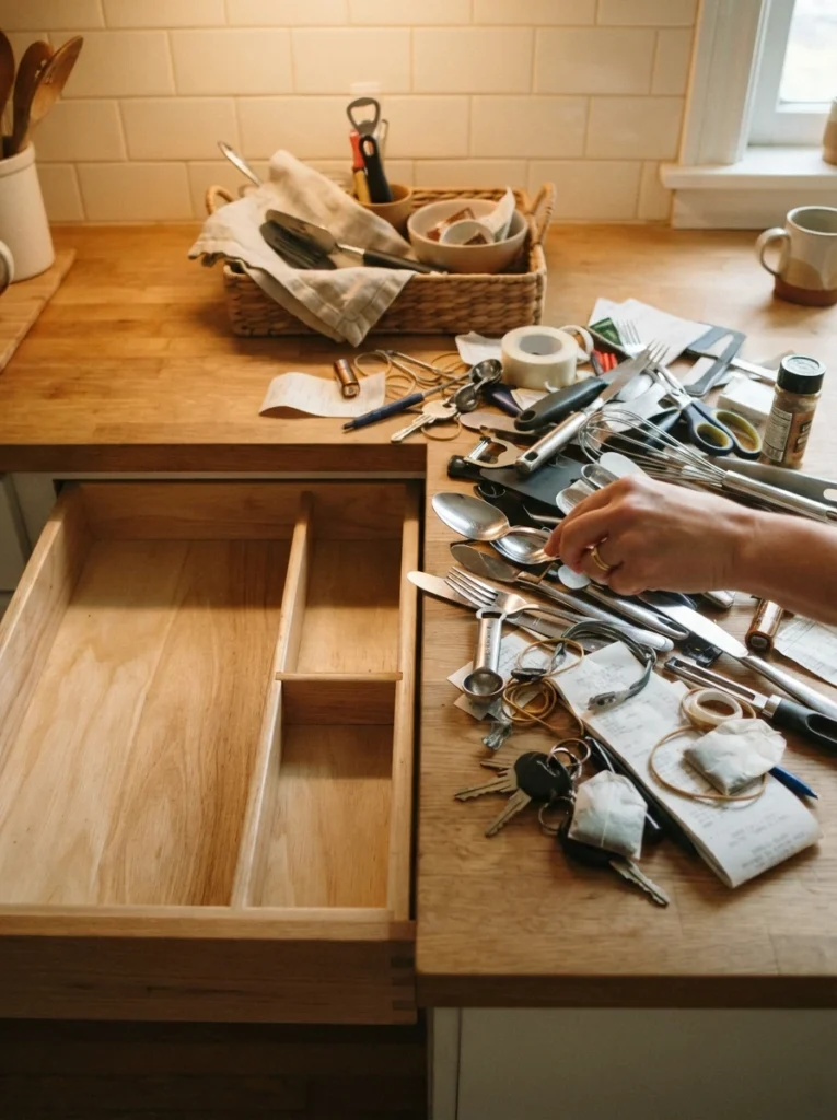 An empty kitchen drawer beside a pile of miscellaneous items dumped on a counter for sorting, warm kitchen lighting, vertical Pinterest photography, warm reset styling.