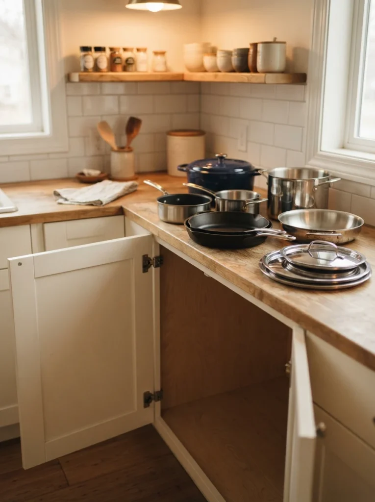 An empty deep lower cabinet with pots, pans, and lids sorted into groups on a counter nearby, warm kitchen lighting, vertical Pinterest photography, warm sorting styling.