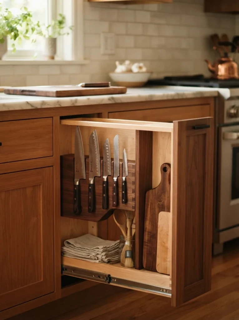 A narrow pullout drawer originally meant for spices, converted to hold a knife organizer and small cutting board, warm kitchen lighting, vertical Pinterest photography, warm repurposed styling.