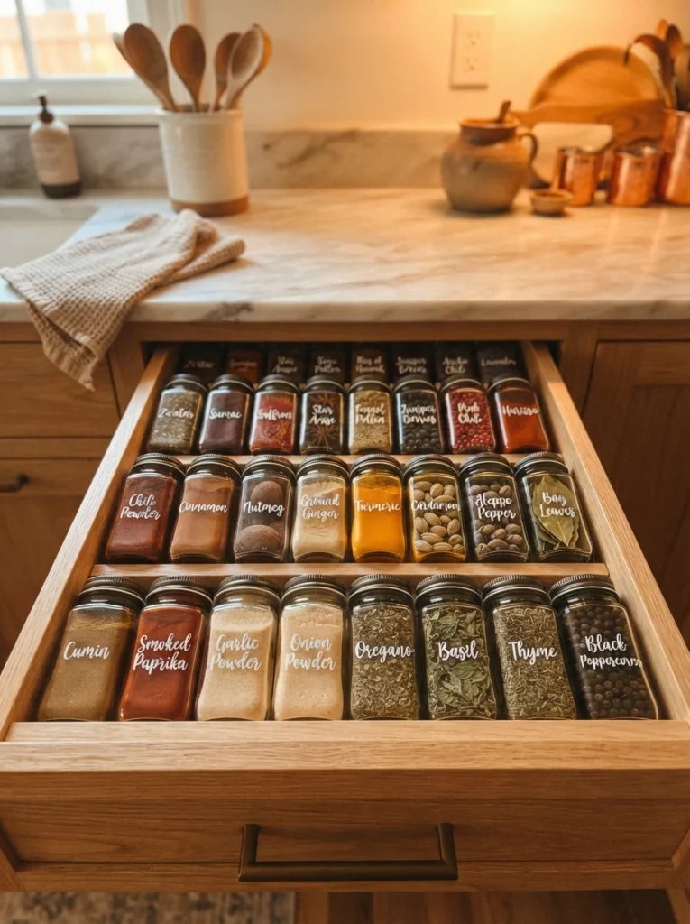 A spice drawer with commonly used spices positioned at the front and specialty spices toward the back, warm kitchen lighting, vertical Pinterest photography, warm frequency-based styling.