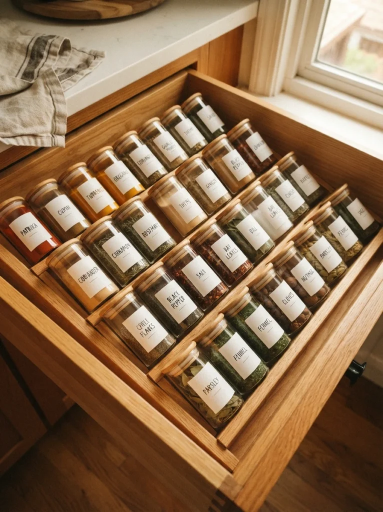 An angled spice insert inside a kitchen drawer, spice jars displayed label-up, warm lighting, vertical Pinterest photography, warm compact styling.