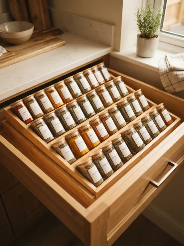 A tiered spice insert inside a drawer, multiple rows of spice jars all visible at an angle, warm kitchen lighting, vertical Pinterest photography, warm tiered styling.