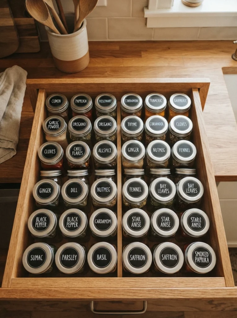 Spice jars with labels on the lids visible from above inside an open drawer, warm kitchen lighting, vertical Pinterest photography, warm lid-labeled styling.