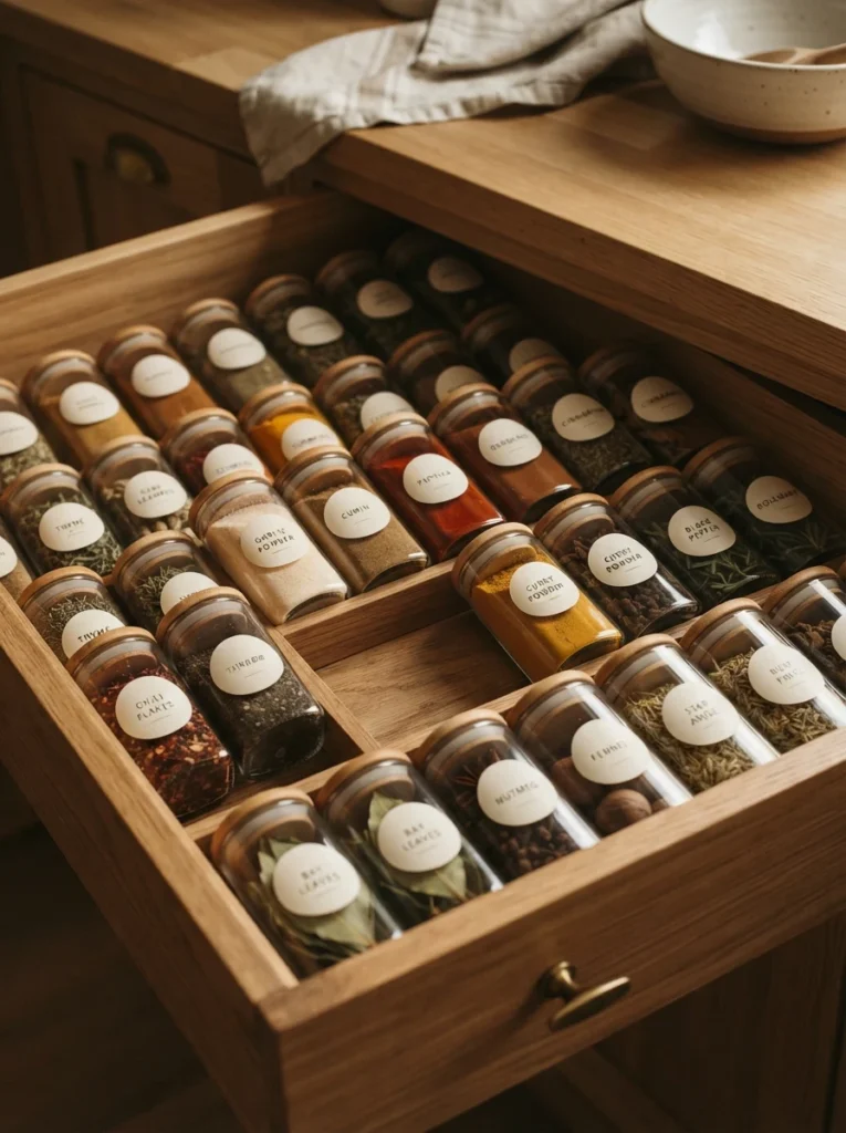 ![Spice jars stored flat inside a drawer, out of direct sunlight, warm kitchen lighting, vertical Pinterest photography, warm shaded-storage styling.]