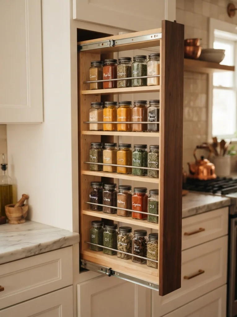 A sliding pull-out spice rack inside a narrow kitchen cabinet, extended to show organized jars, warm kitchen lighting, vertical Pinterest photography, warm pull-out styling.