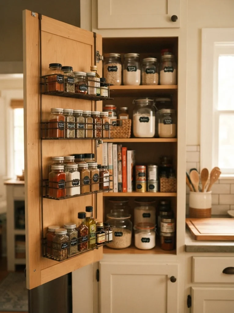 A cabinet door with a mounted wire rack holding spice jars and small pantry items, door open showing the cabinet interior, warm kitchen lighting, vertical Pinterest photography, warm compact styling.