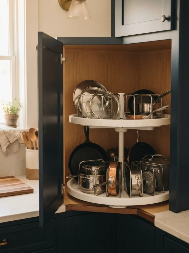 A spinning pot organizer with dividers inside a corner cabinet, pans separated and upright, cabinet door open, warm kitchen lighting, vertical Pinterest photography, warm cookware-focused styling.