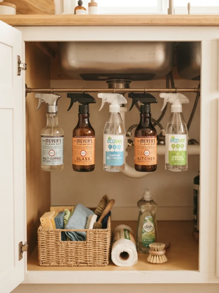 A tension rod installed inside a cabinet, spray bottles hanging by their trigger handles beneath the sink, warm kitchen lighting, vertical Pinterest photography, warm minimal-footprint styling.