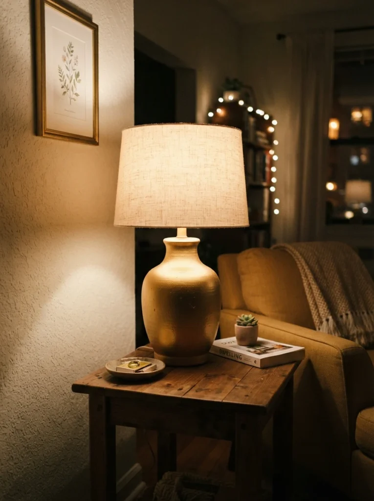 A thrifted lamp base freshly spray-painted in matte gold, warm glow on a small apartment side table, cozy budget-friendly styling, evening ambiance, vertical Pinterest photography, warm transformed detail.
