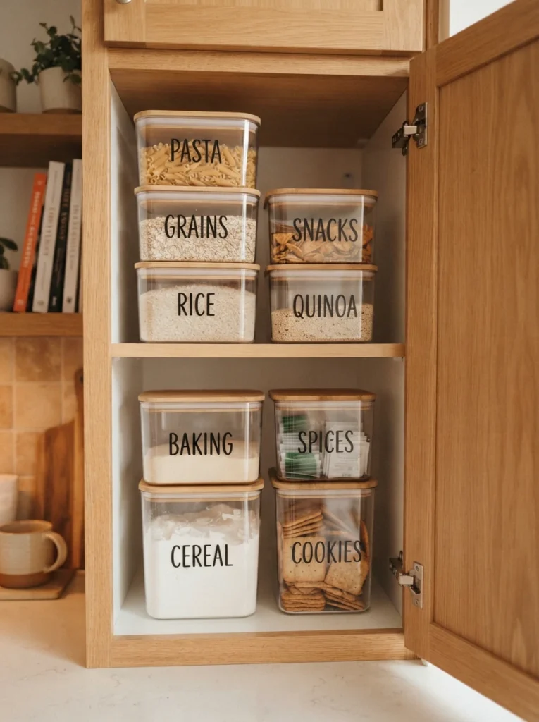 Stackable uniform bins inside a kitchen cabinet, organized and labeled, warm kitchen lighting, vertical Pinterest photography, warm stackable styling.