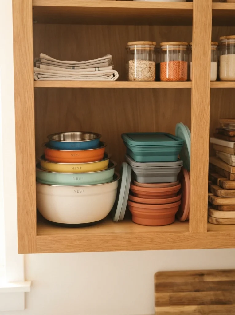 Nesting mixing bowls and collapsible silicone containers stacked compactly inside a cabinet, warm lighting, vertical Pinterest photography, warm space-saving styling.