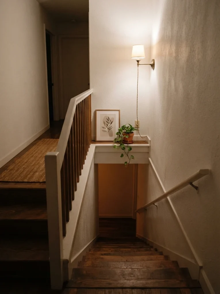 A narrow staircase landing with a single warm plug-in sconce mounted along the wall, soft glow illuminating the stairs below, minimalist white walls, cozy transitional lighting, evening ambiance, vertical Pinterest photography, warm shadow detail.