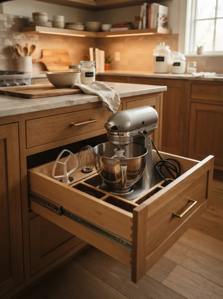 A deep drawer holding a stand mixer, pulled open for easy access, warm kitchen lighting, vertical Pinterest photography, warm bulky-storage styling.