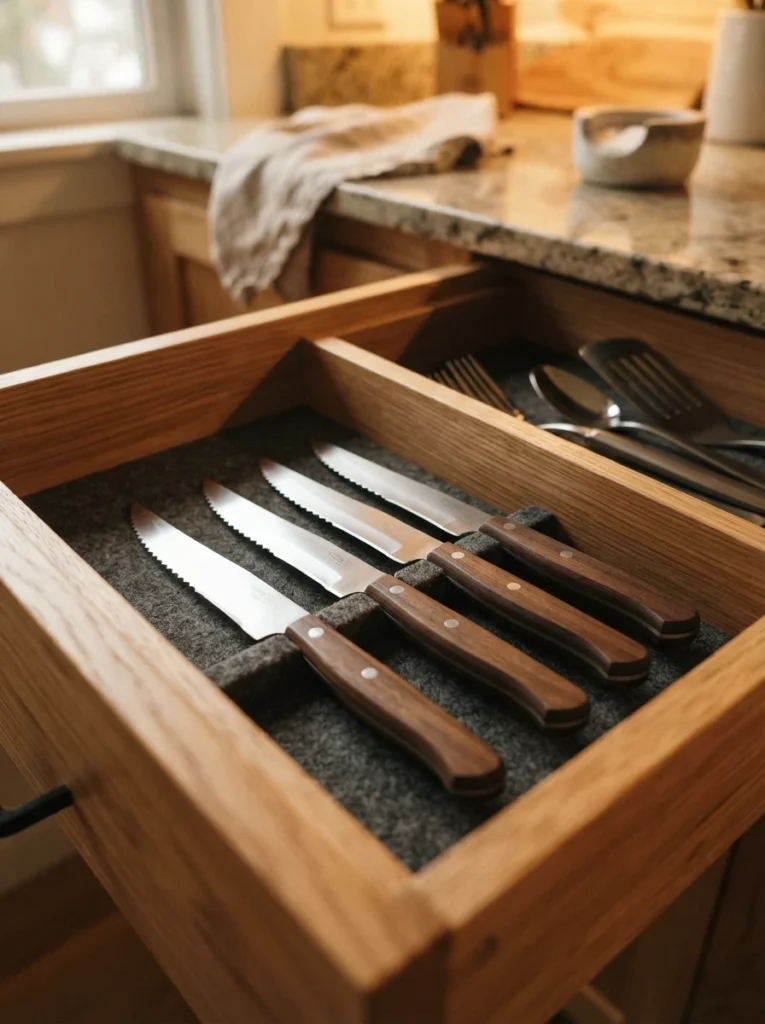 Steak knives laid flat inside a drawer compartment, separated from other utensils, warm kitchen lighting, vertical Pinterest photography, warm safety-focused styling.