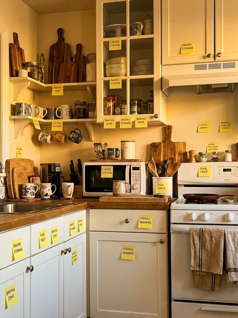 Sticky notes placed around a kitchen, labeling proposed zones before items are physically moved, warm kitchen lighting, vertical Pinterest photography, warm testing styling.