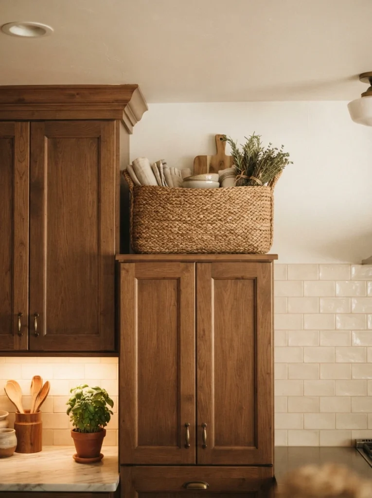 ![A basket used for storage on top of kitchen cabinets, an overlooked spot put to use, warm kitchen lighting, vertical Pinterest photography, warm overlooked-space styling.]