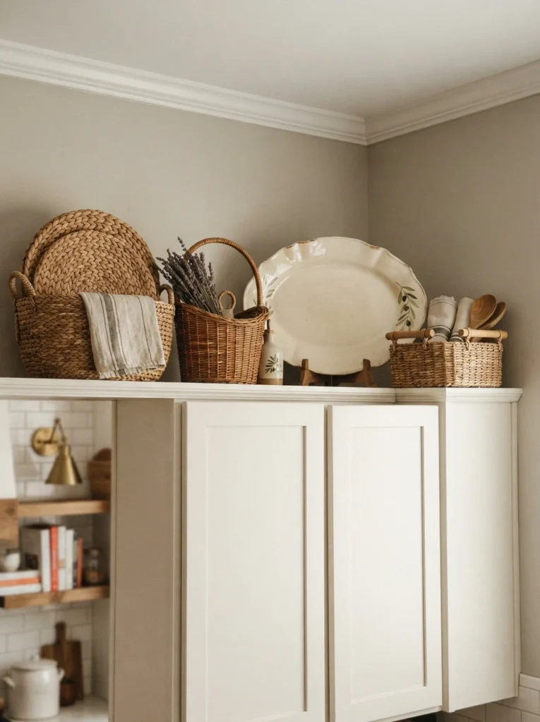 The top of kitchen cabinets used for storage, holding baskets and a large serving dish, warm kitchen lighting, vertical Pinterest photography, warm out-of-the-way styling.