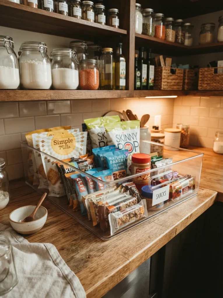 A deep clear storage bin pulled forward onto a counter from a pantry shelf, holding grouped food items, warm kitchen lighting, vertical Pinterest photography, warm bin-as-drawer styling.