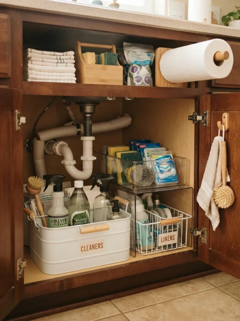 Coated metal and plastic storage bins inside an under-sink cabinet, clean and moisture-resistant, warm kitchen lighting, vertical Pinterest photography, warm durable material styling.