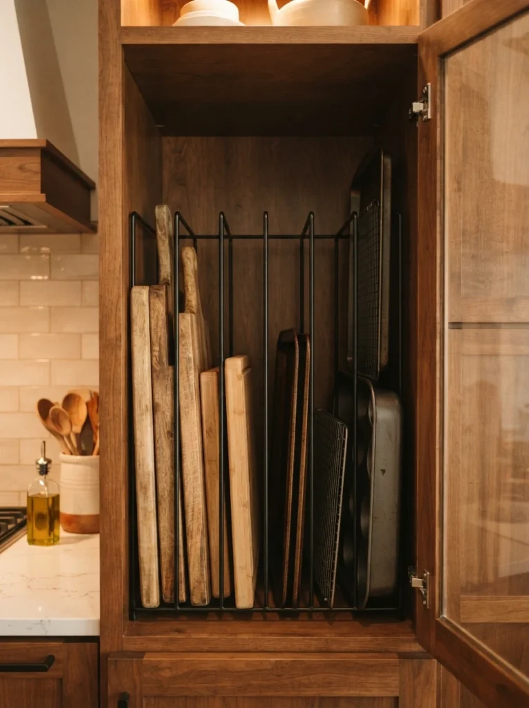 Cutting boards and baking trays stored upright using a vertical divider, warm kitchen lighting, vertical Pinterest photography, warm upright-storage styling.