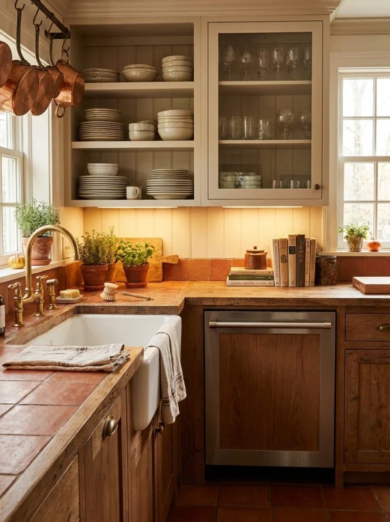 A cleanup zone near a sink and dishwasher, dishes stored in the closest cabinet, warm kitchen lighting, vertical Pinterest photography, warm cleanup-adjacent styling.