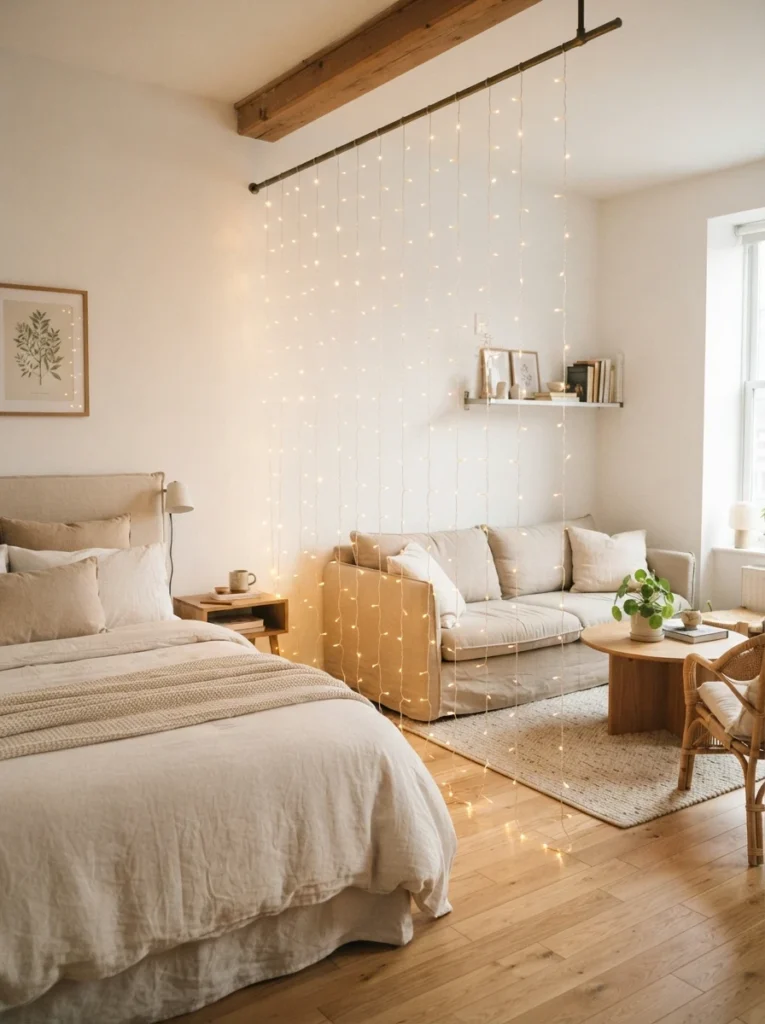 A slim curtain rod strung with warm glowing string lights acting as a light divider between a studio bedroom and living area, soft golden light passing through, cozy minimalist styling, vertical Pinterest photography, warm airy tones.