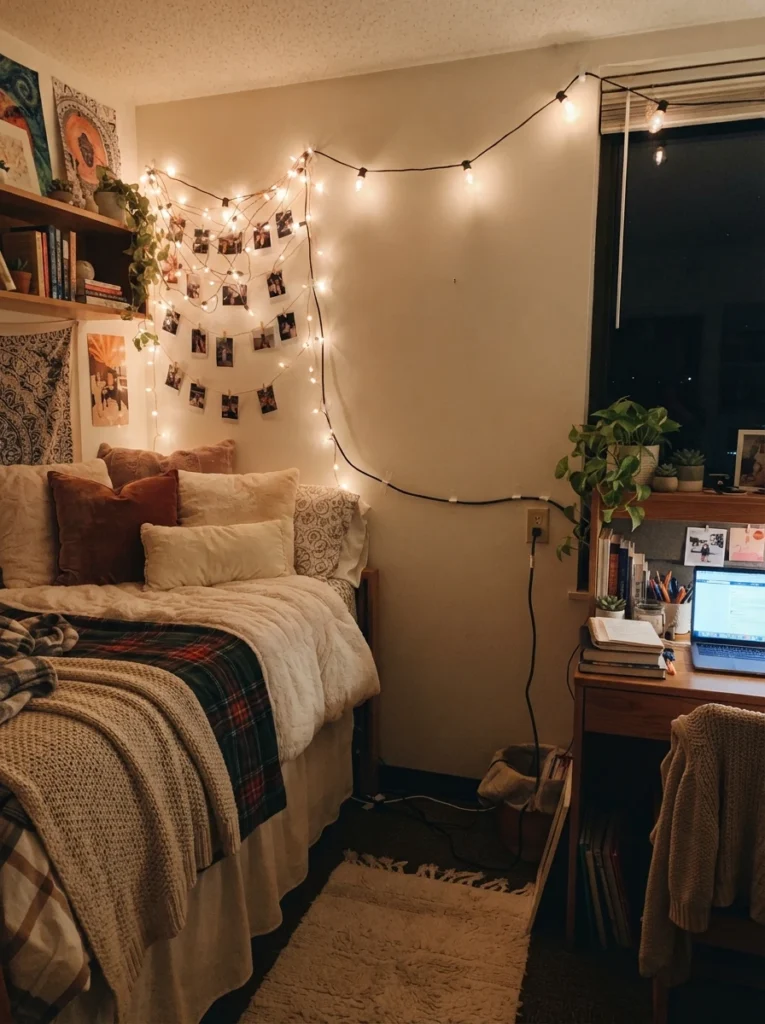 Warm string lights with a long visible cord reaching across a dorm room to a wall outlet, soft glowing atmosphere, cozy compact styling, evening ambiance, vertical Pinterest photography, warm practical tones.
