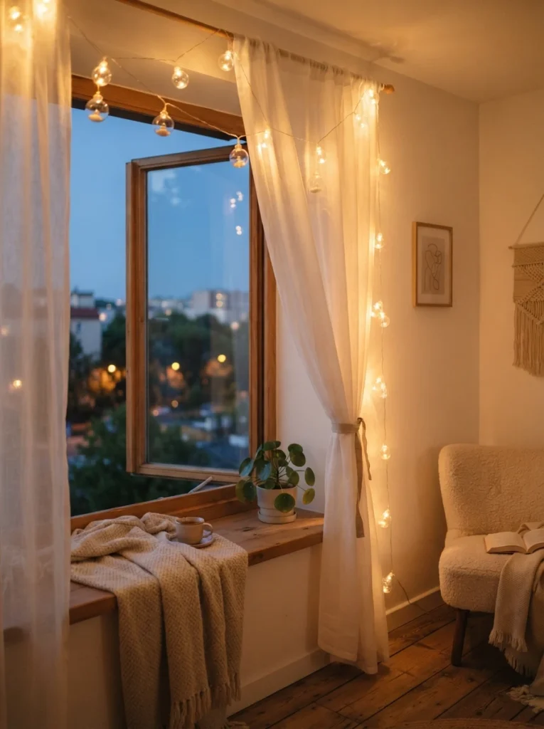 Warm water-resistant string lights hung near an open apartment window with sheer curtains, soft golden glow filtering through, cozy evening breeze, minimalist studio styling, vertical Pinterest photography, warm inviting tones.