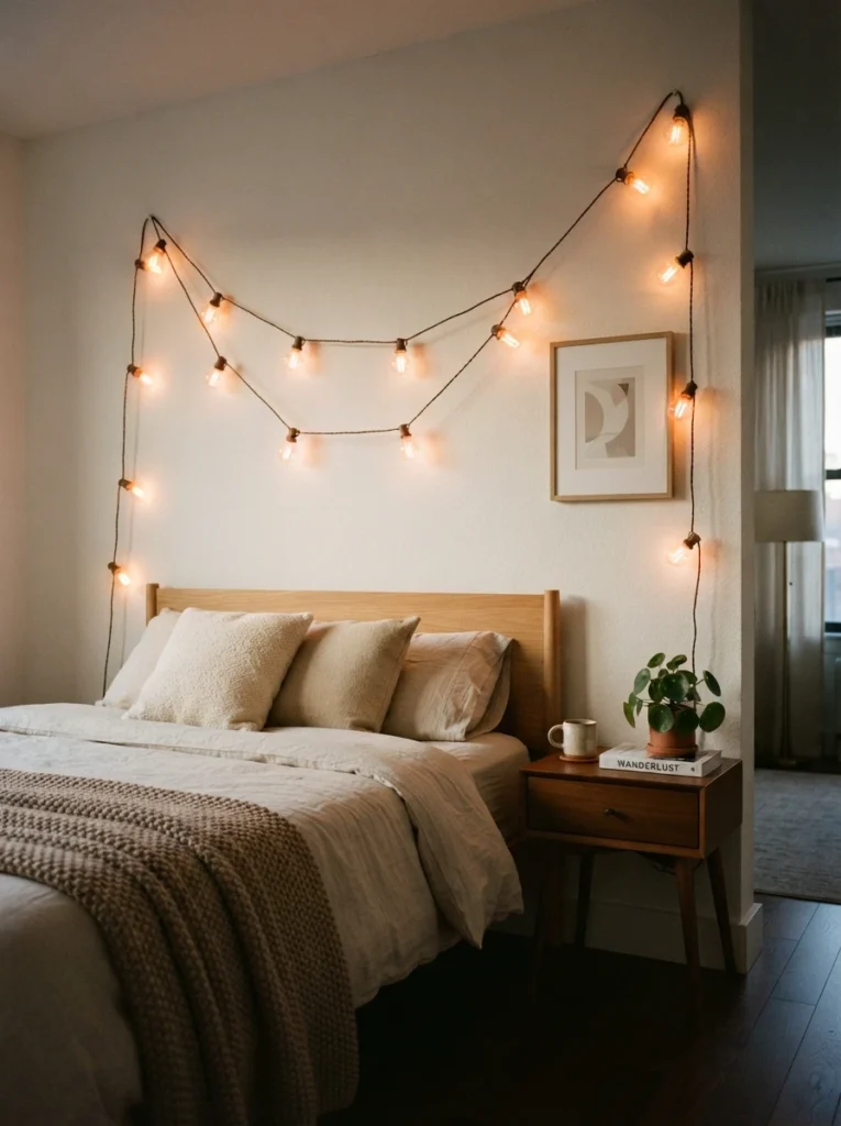 A slim console table behind a sofa in a studio apartment, warm string lights draped along its back edge, soft glow separating a cozy bed area beyond, evening ambiance, vertical Pinterest photography, warm layered tones.