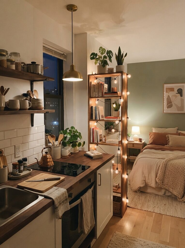 A small studio apartment kitchenette divided from a bedroom area by a shelf strung with warm string lights, soft transitional glow, cozy minimalist styling, evening ambiance, vertical Pinterest photography, warm layered lighting.