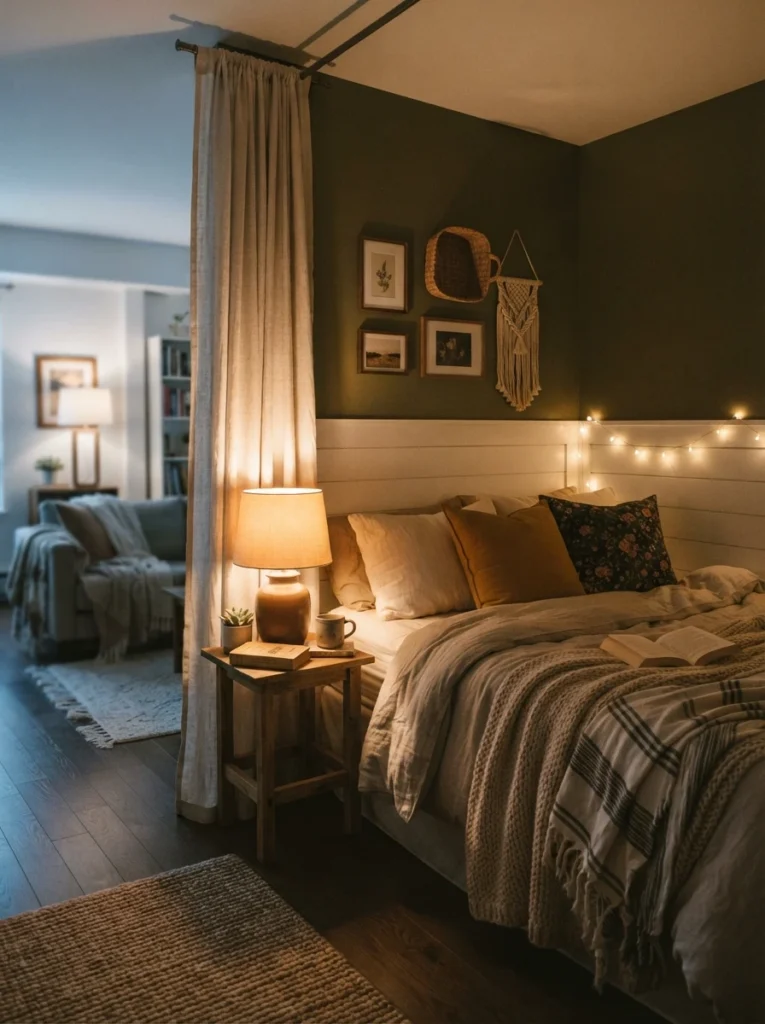 A cozy studio apartment sleep corner lit in warm 2700K amber light from a bedside lamp, clearly distinct from a brighter living area beyond, evening ambiance, vertical Pinterest photography, warm zoned tones.