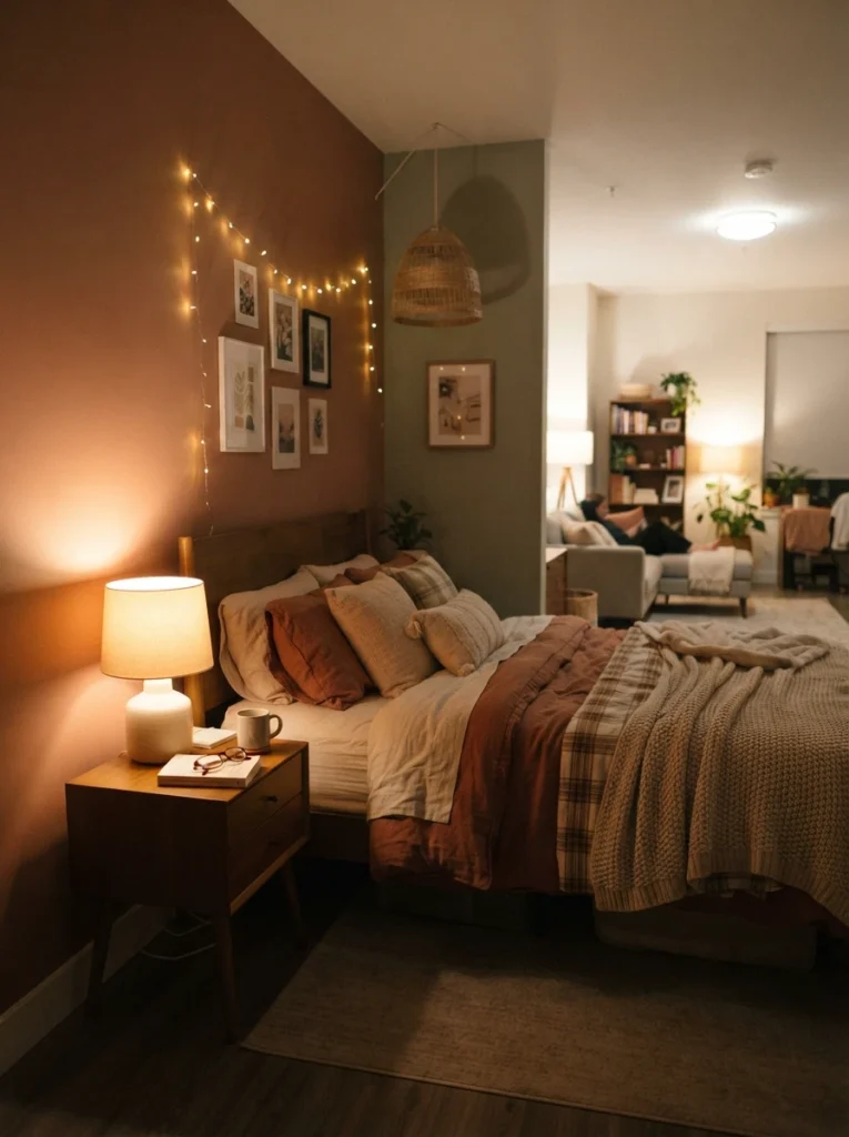 A cozy studio apartment sleep corner lit in warm 2700K amber light from a bedside lamp, clearly distinct from a brighter living area beyond, evening ambiance, vertical Pinterest photography, warm zoned tones.