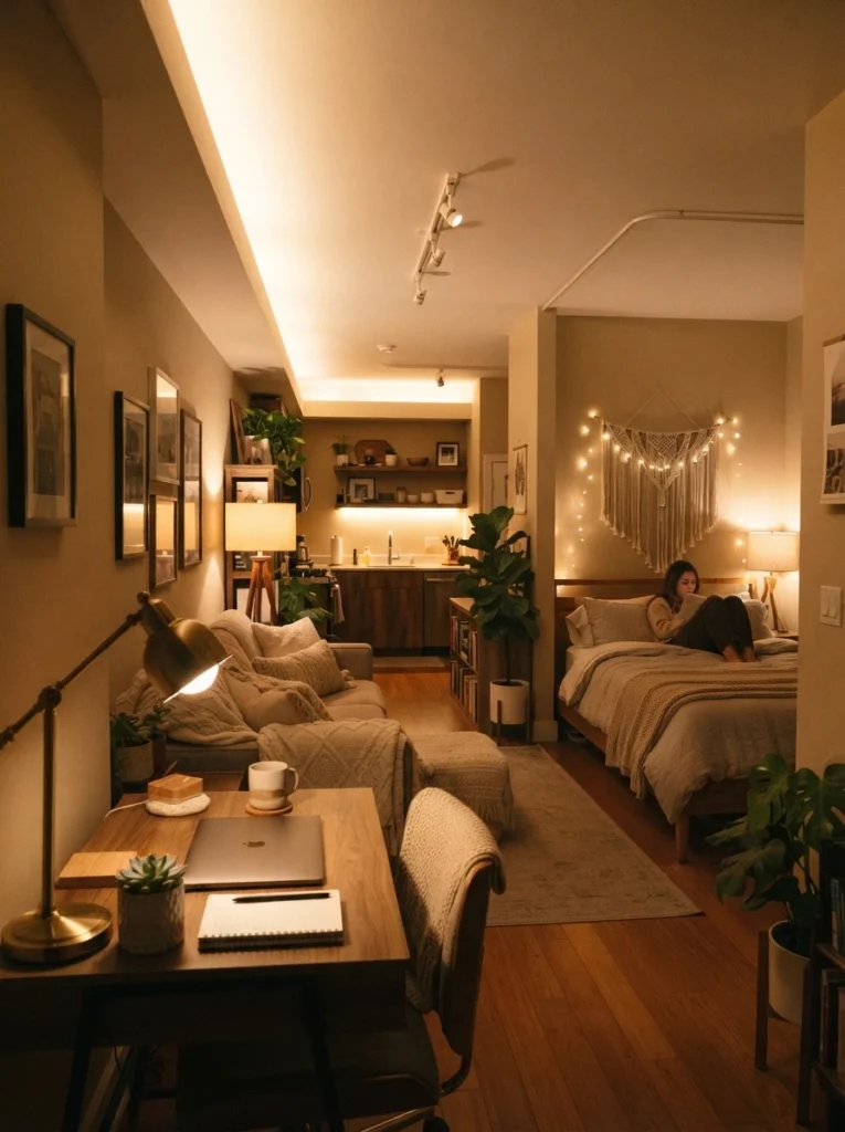 A studio apartment showing layered lighting throughout, ambient ceiling glow, task lamp at a desk, and accent light near the sleep area, cozy depth and dimension, evening ambiance, vertical Pinterest photography, warm layered tones.