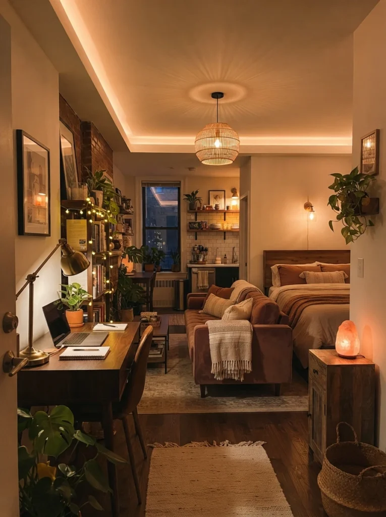 A studio apartment showing layered lighting throughout, ambient ceiling glow, task lamp at a desk, and accent light near the sleep area, cozy depth and dimension, evening ambiance, vertical Pinterest photography, warm layered tones.