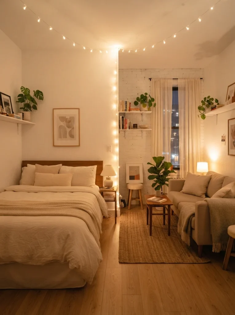 A studio apartment with warm string lights hanging along a ceiling line marking the boundary between a cozy bed area and a living space, soft golden glow, minimalist styling, evening ambiance, vertical Pinterest photography, warm inviting tones.
